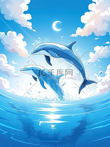 泼水插画图片_湛蓝海面海豚跳跃蓝天1