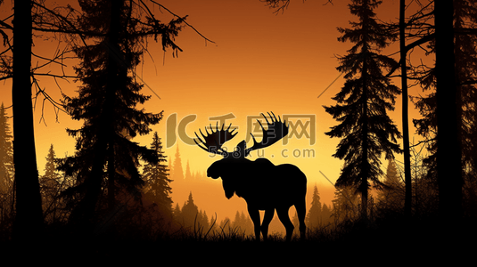 动物剪影插画图片_驼鹿在森林中的剪影4