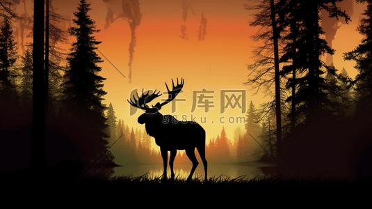 动物剪影插画图片_驼鹿在森林中的剪影1