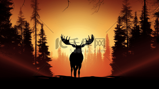 动物剪影插画图片_驼鹿在森林中的剪影3