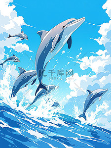 湛蓝海面海豚跳跃蓝天15