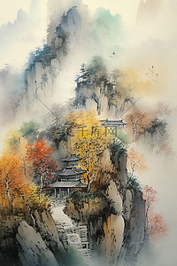 淡雅大气背景插画图片_中国风水墨秋天远山插画背景