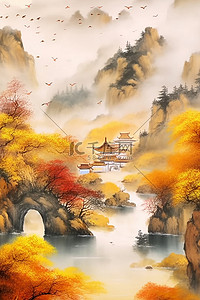 中国风秋天远山枫叶古建大气插画背景