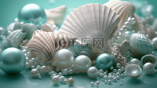 蓝色和绿色的海贝壳和散落的珍珠梦幻唯美3D图插画