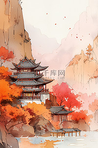 秋天远山插画图片_中国风秋天远山红色枫叶古建插画背景