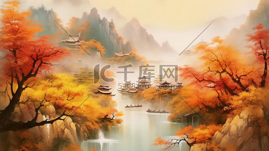 中国风秋天远山枫叶古建流水插画背景