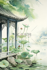 中国风夏天荷塘莲花手绘大暑节气海报背景