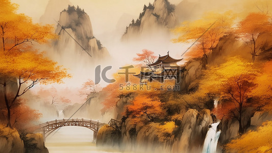 淡雅大气背景插画图片_中国风插画秋天远山枫叶古建背景