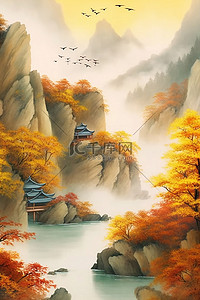 中国风秋天远山枫叶古建工笔画背景