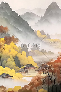 中国风淡雅秋天远山枫叶插画背景