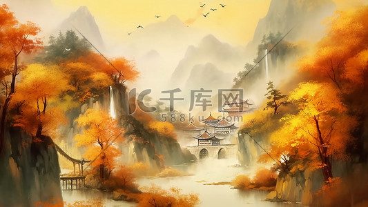 淡雅大气背景插画图片_中国风秋天枫叶远山古建插画背景