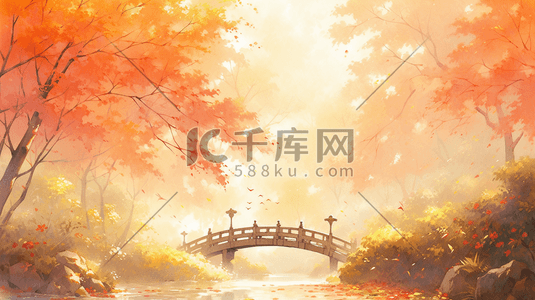 中国风国风插画秋天山水园林一叶知秋景色
