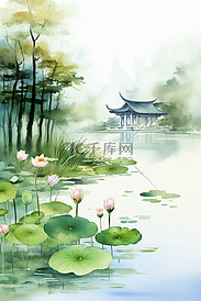 中国风夏天小河池塘水彩大暑节气海报背景