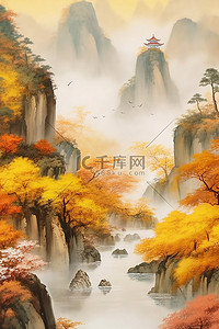 淡雅大气背景插画图片_中国风深秋远山枫叶古建插画背景