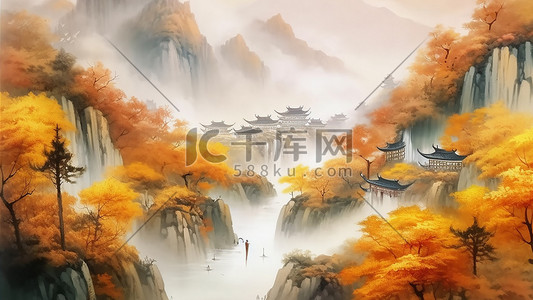 中国风秋天枫叶古建远山插画背景