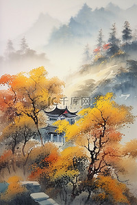 淡雅大气背景插画图片_中国风秋天远山枫叶古建水彩插画背景