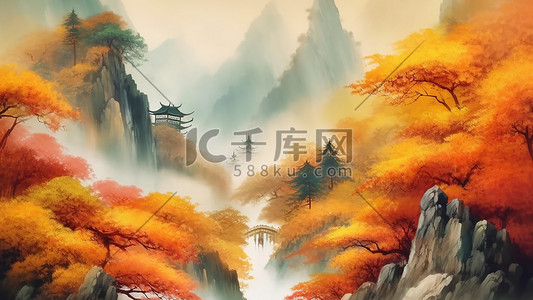 中国风大气秋天远山枫叶古建插画背景