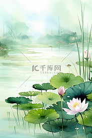 中国风夏天荷塘国画大暑节气海报背景