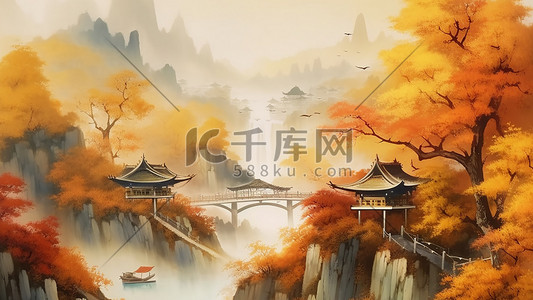 中国风秋天远山枫叶流水插画背景