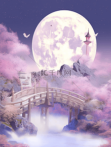 粉色古风背景插画图片_月亮背景3D拱桥凉亭粉色系