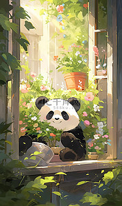 熊猫卡通插画图片_绿色治愈熊猫插画