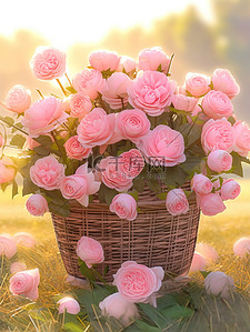 上色插画图片_草坪上一篮淡粉色玫瑰4