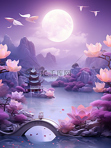 七夕节场景插画图片_浪漫紫色粉色七夕节场景创意背景