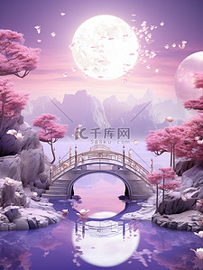 七夕节场景插画图片_浪漫紫色粉色七夕节场景创意背景