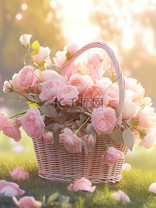 上色插画图片_草坪上一篮淡粉色玫瑰11
