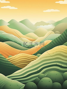 青铜蒸馏器插画图片_简约茶园山坡景观插画7