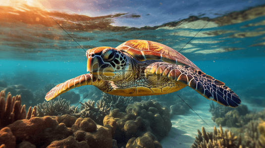 乌龟爬爬插画图片_一只在水中游泳的乌龟动物插画