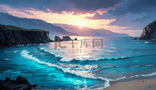 海边悬崖插画图片_日出平静的海边浪花拍打着沙滩