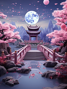 七夕节场景插画图片_浪漫紫色粉色七夕节场景创意背景