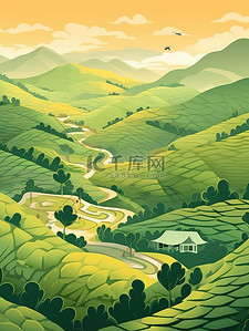 青铜蒸馏器插画图片_简约茶园山坡景观插画11