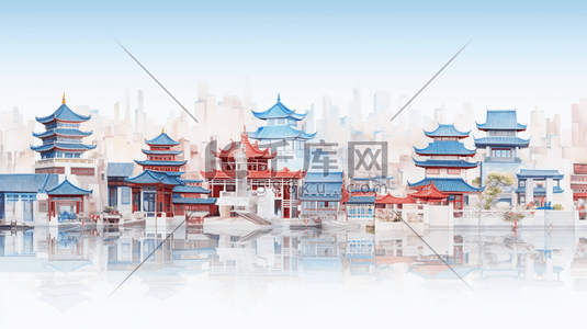 中国风简约古建筑风景插画1