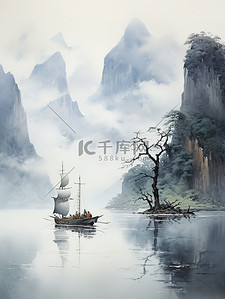 中国传统水墨插画图片_中国传统水墨轻舟过万重山10