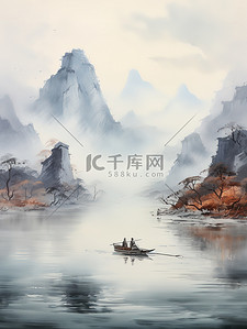 中国山水墨画插画图片_中国传统水墨轻舟过万重山2