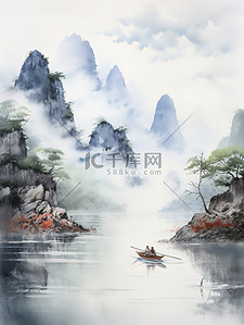 中国传统水墨插画图片_中国传统水墨轻舟过万重山1