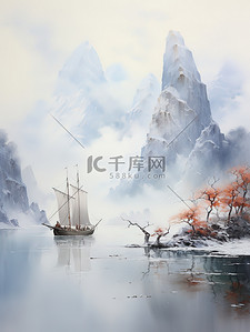 中国传统水墨插画图片_中国传统水墨轻舟过万重山24
