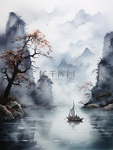 中国山水墨画插画图片_中国传统水墨轻舟过万重山12