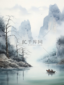 中国山水墨画插画图片_中国传统水墨轻舟过万重山6