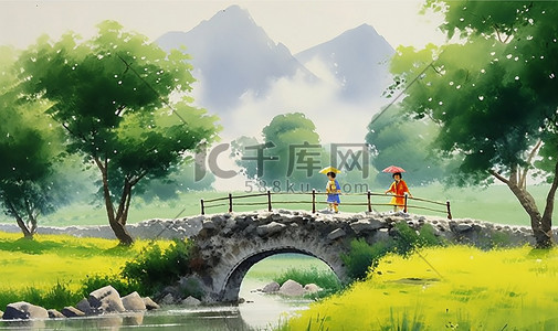 中国传统绘画唯美水彩乡村插画