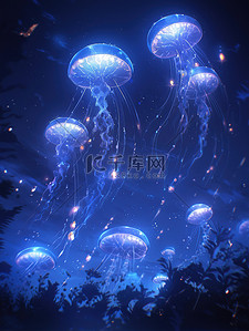 蓝光插画图片_深蓝色水中的水母蓝光1