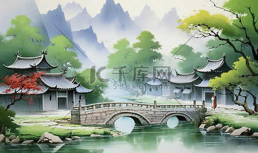 中国传统绘画唯美乡村插画