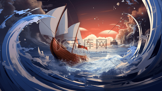 波涛海浪插画图片_汹涌海浪夕阳乘风破浪插画