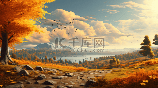 河流黄色插画图片_唯美秋季黄色树叶风景插画10