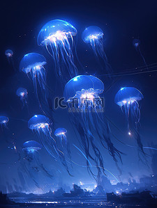 蓝光插画图片_深蓝色水中的水母蓝光15