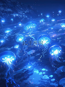 光蓝光插画图片_深蓝色水中的水母蓝光2