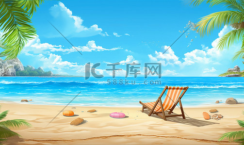 沙滩旅行插画图片_夏季海边旅行休闲卡通插画大海沙滩夏天