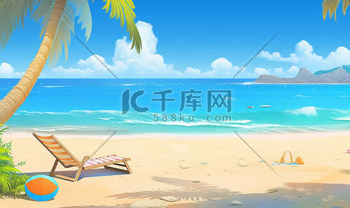 篮球比赛背景插画图片_夏季出游海边旅行休闲卡通背景大海沙滩夏天